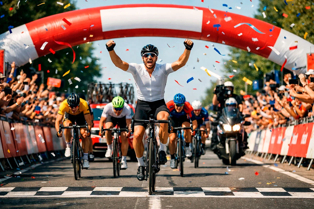 Ciclisti professionisti al traguardo di una tappa con striscione di arrivo visibile