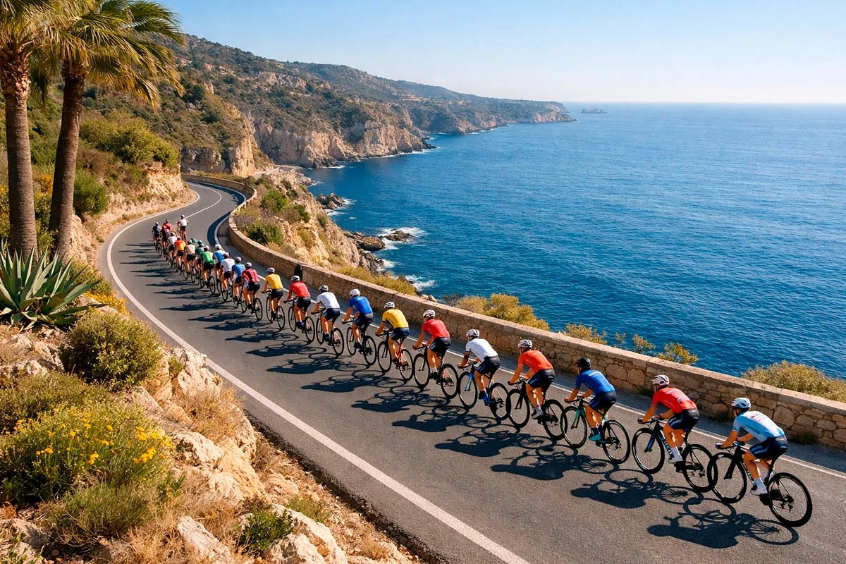 Peloton di ciclisti professionisti in corsa su una strada costiera con mare sullo sfondo