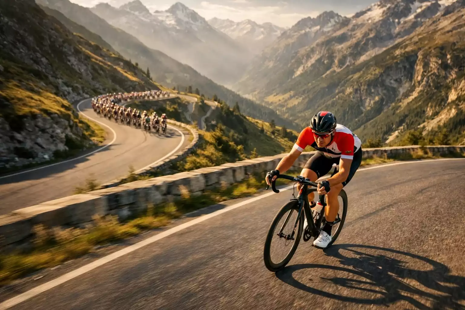 Ciclista professionista durante una gara su strada con il gruppo alle spalle
