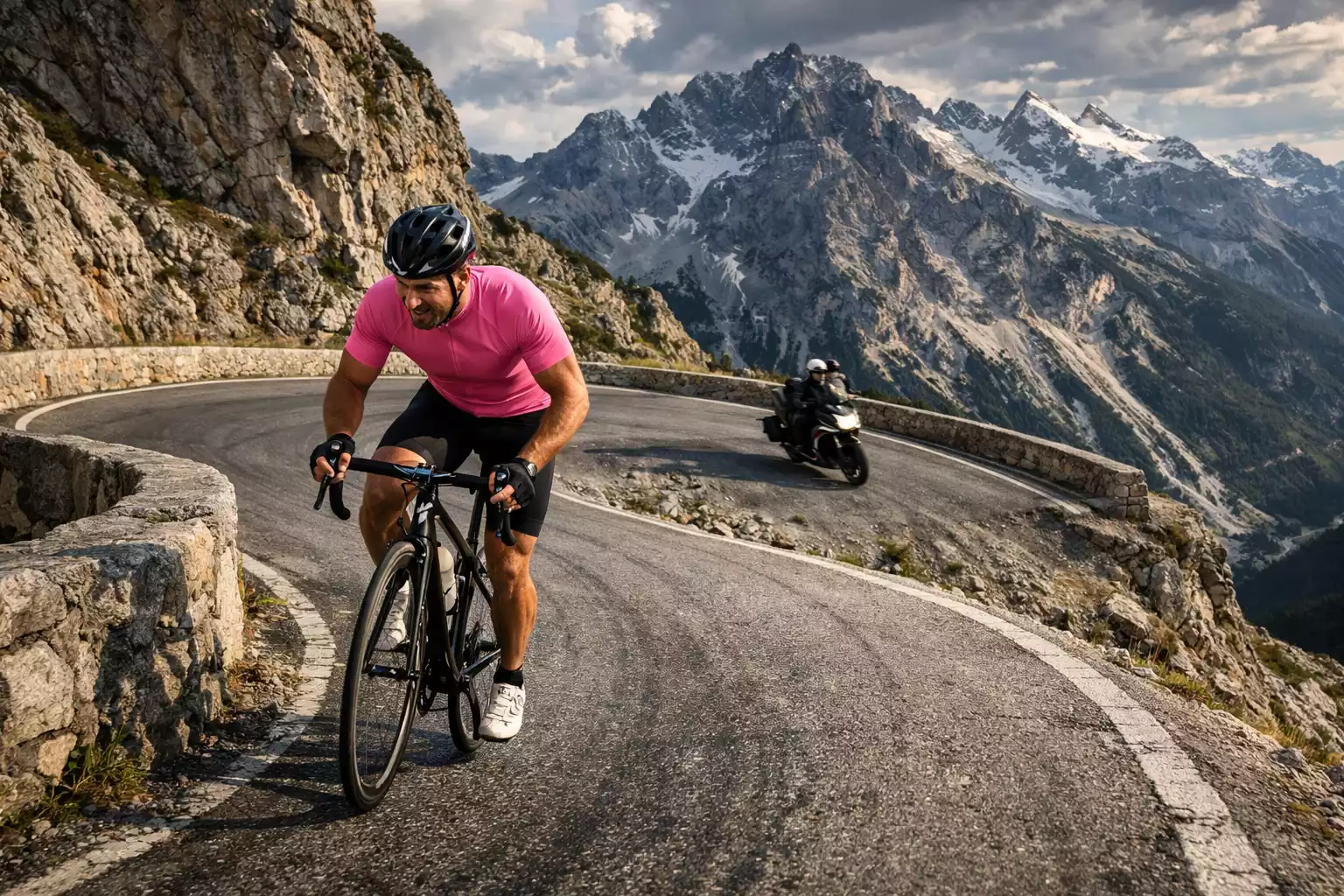 Ciclista in solitaria affronta una salita alpina con paesaggio di montagna