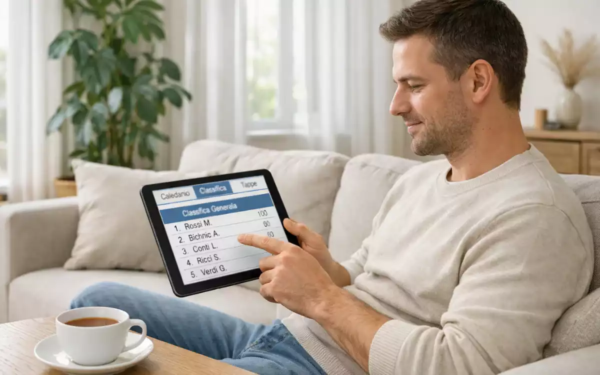 Persona che consulta un tablet mostrando statistiche ciclistiche in ambiente domestico sereno