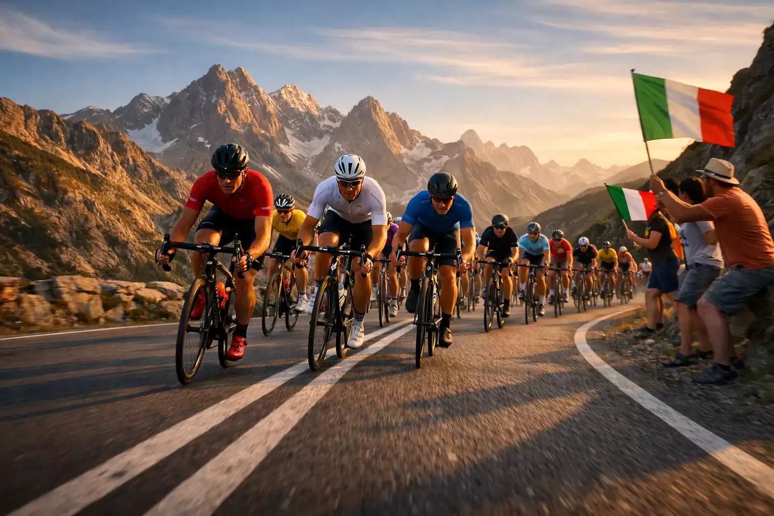 Gruppo di ciclisti professionisti in corsa durante una tappa di montagna