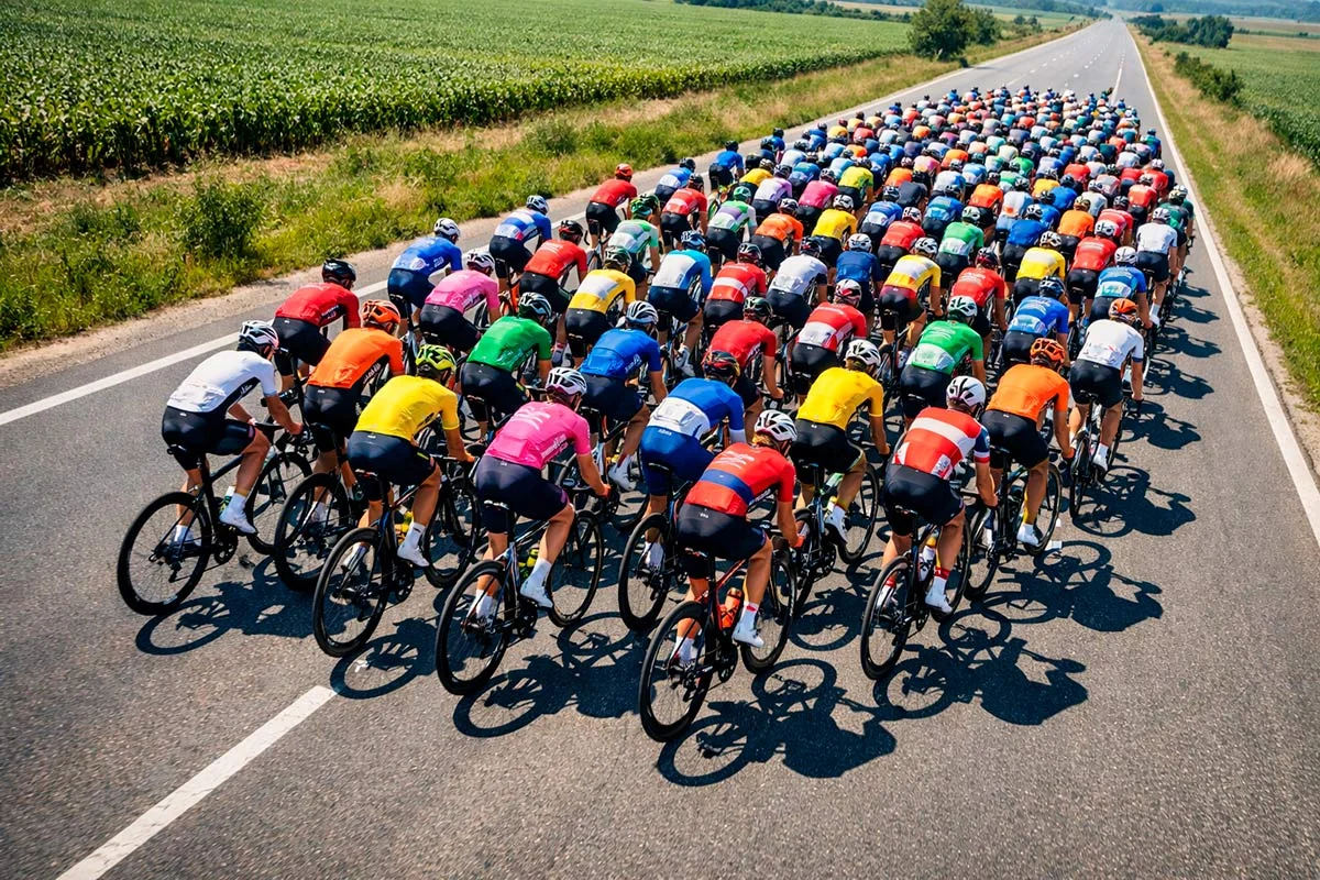 Gruppo compatto di ciclisti professionisti in corsa su strada asfaltata