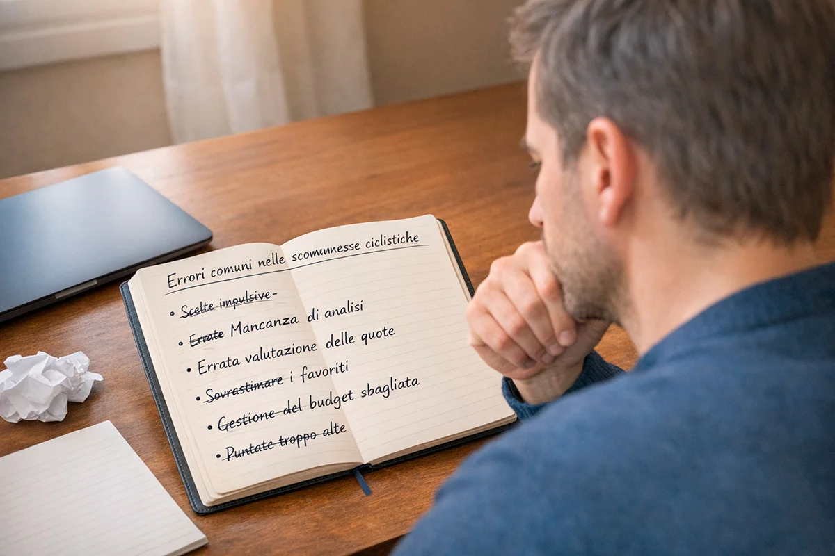 Scommettitore pensieroso che analizza i propri errori nelle scommesse ciclistiche