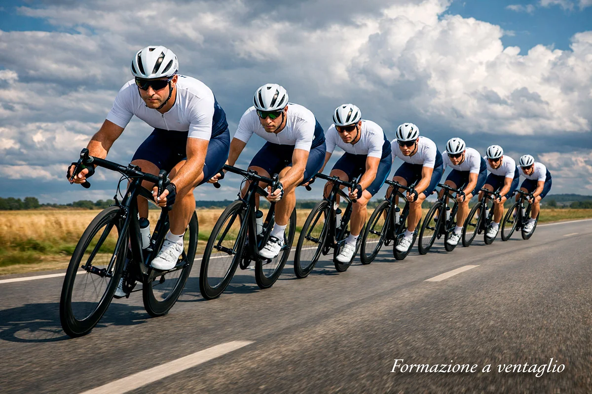 Squadra di ciclisti professionisti in formazione durante una corsa su strada