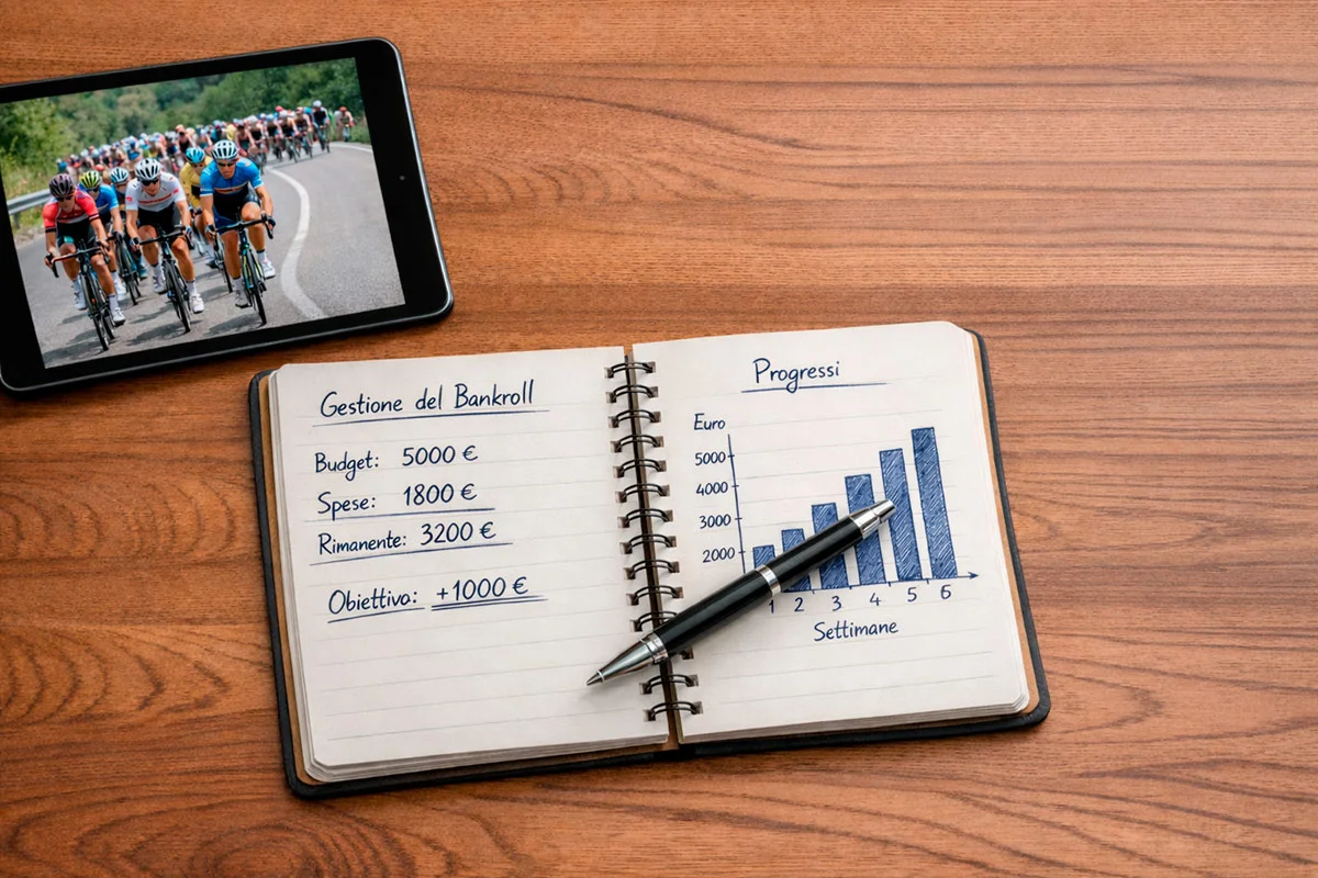 Quaderno con appunti e calcoli per la gestione del bankroll nelle scommesse sportive