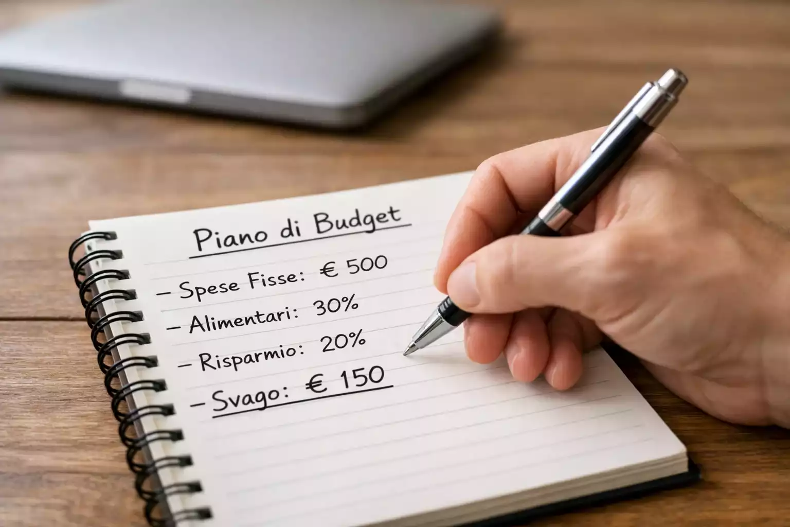 Mano che scrive su un blocco note con simboli € per la gestione del budget