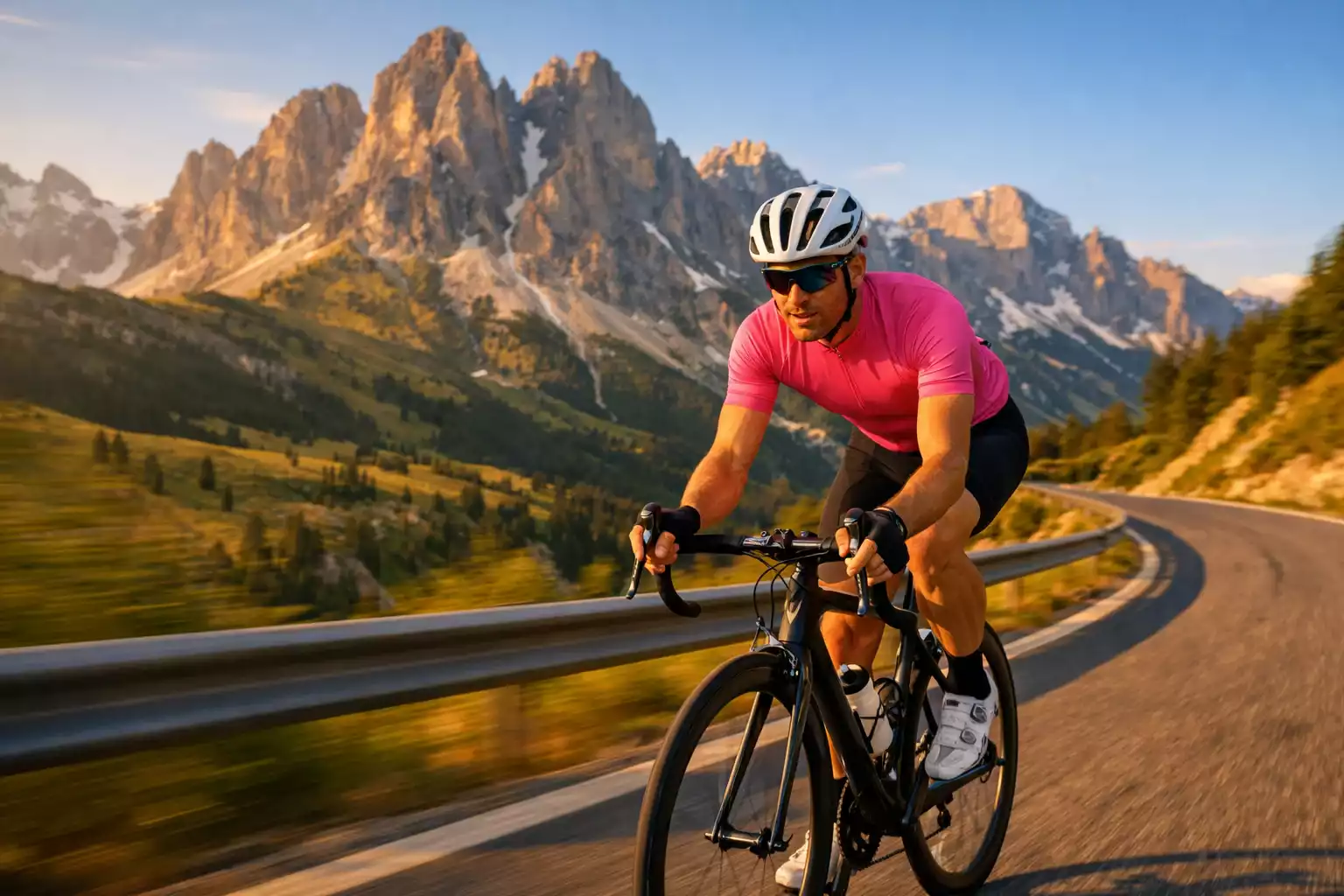 Ciclista in maglia rosa attraversa le Dolomiti italiane durante il Giro d'Italia