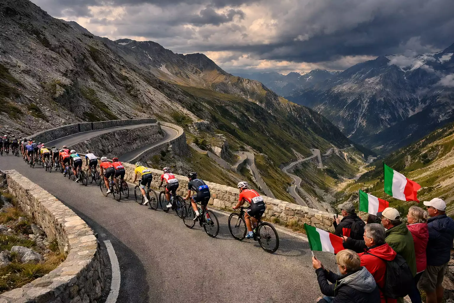 Gruppo di ciclisti professionisti affronta una salita alpina con tornanti durante il Giro d'Italia