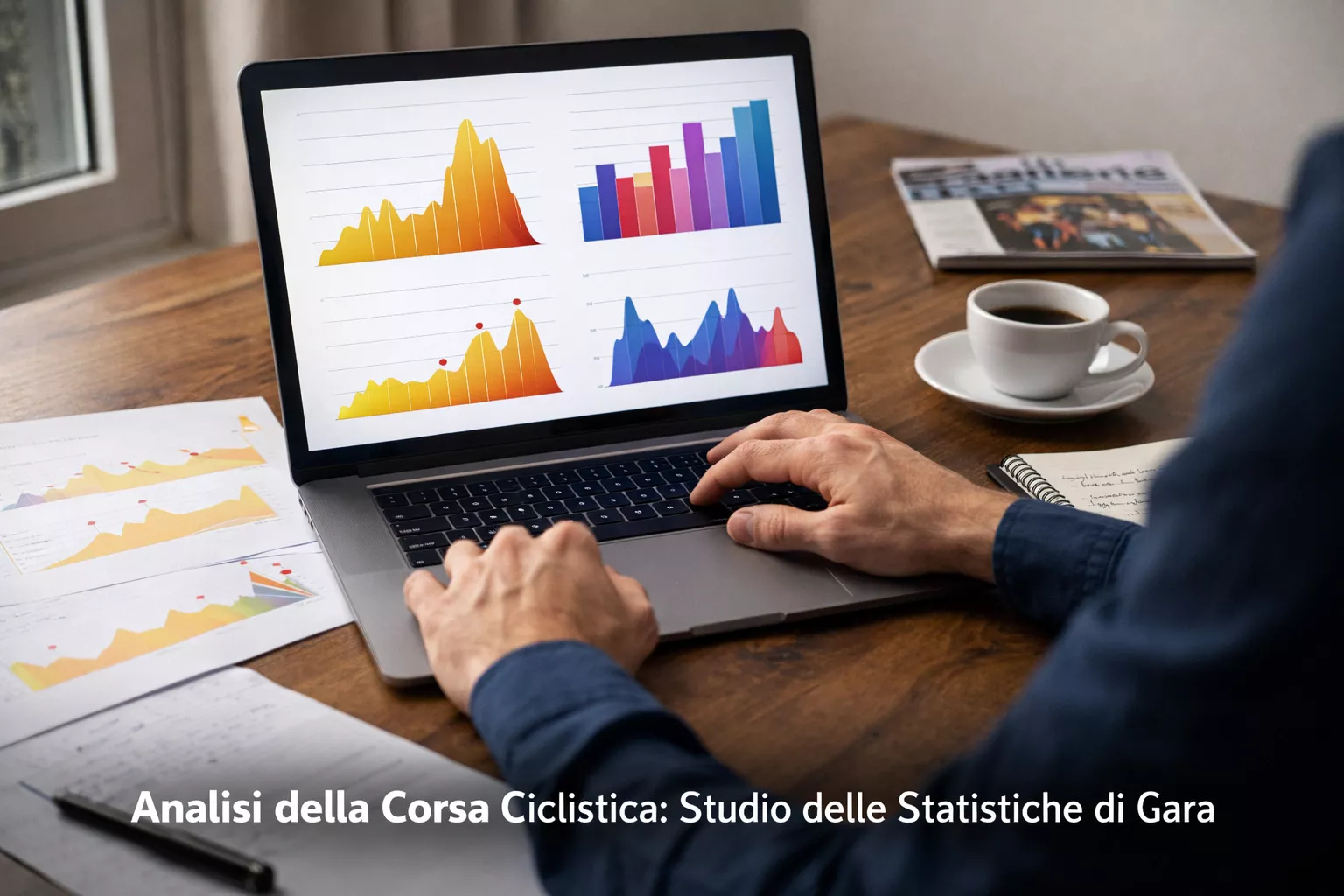 Persona analizza le quote del Giro d'Italia su laptop con documenti di statistiche
