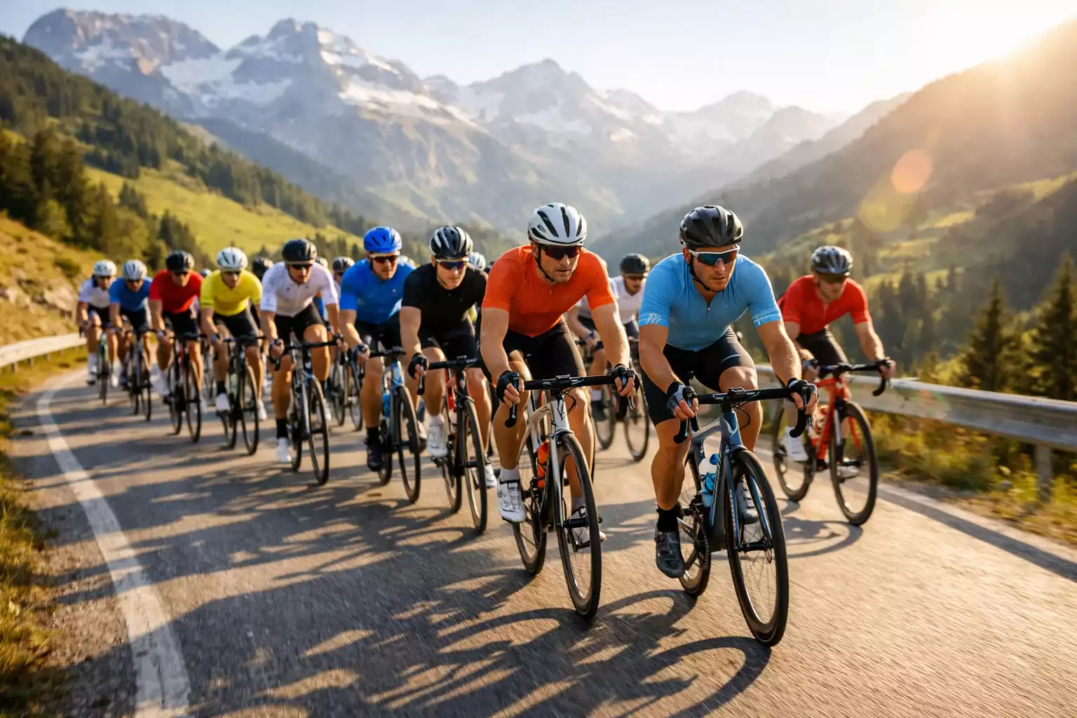 Gruppo di ciclisti professionisti in corsa su strada di montagna