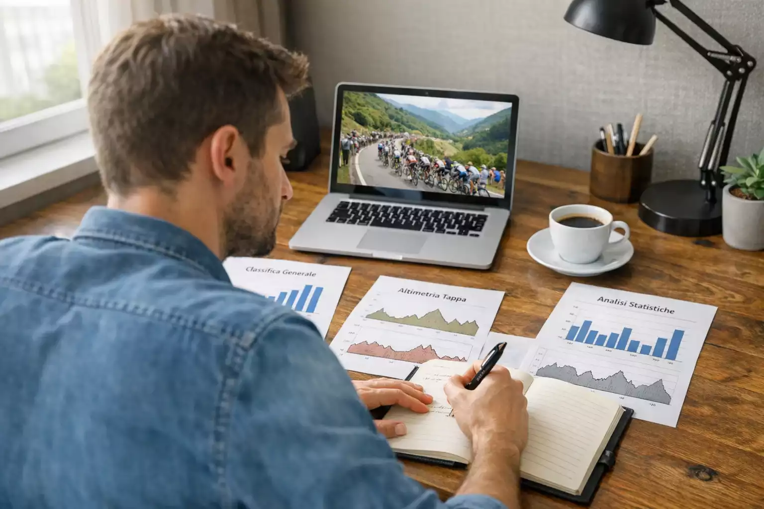 Analista che studia statistiche e dati di una gara ciclistica