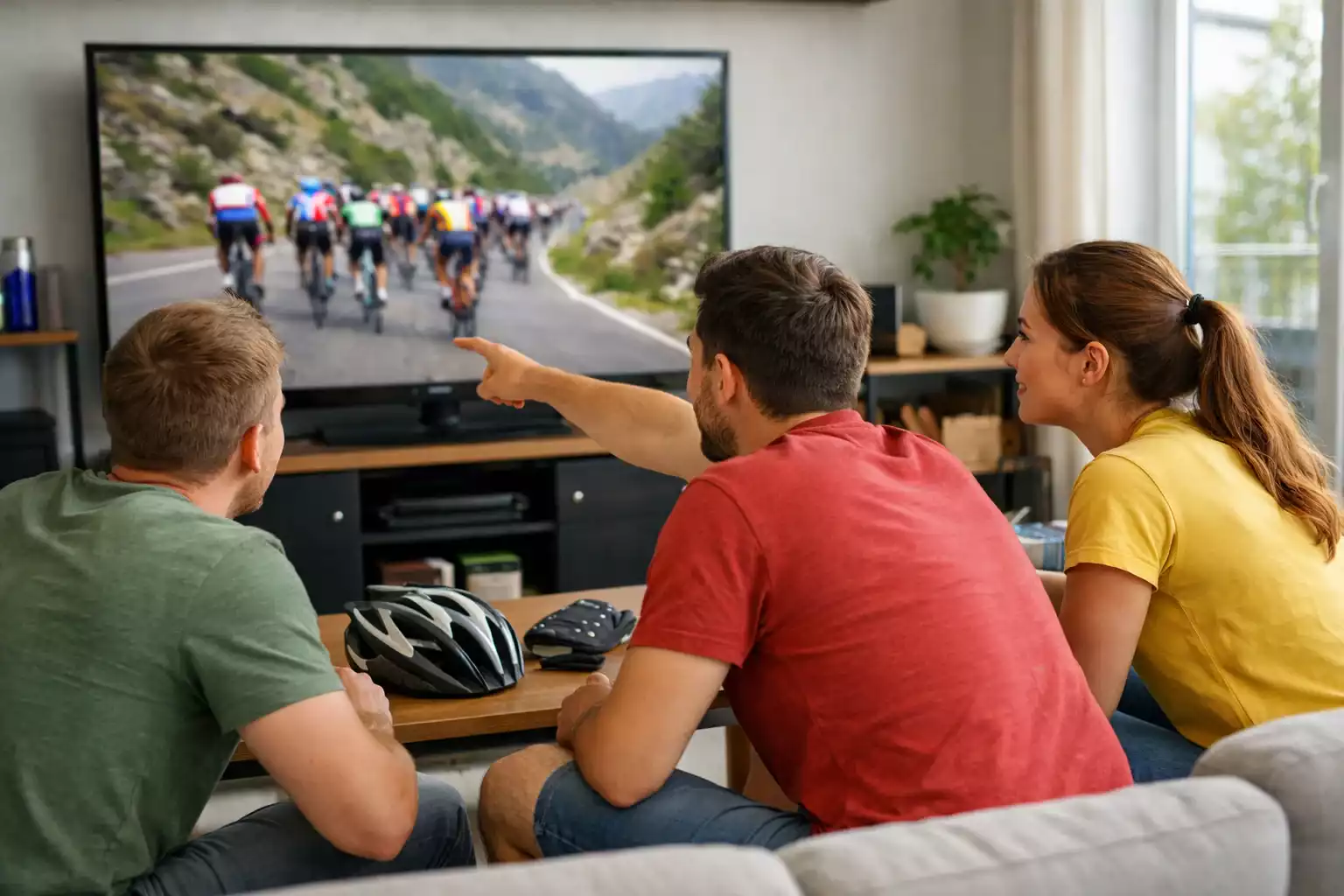 Tifosi che seguono una corsa ciclistica in diretta su uno schermo