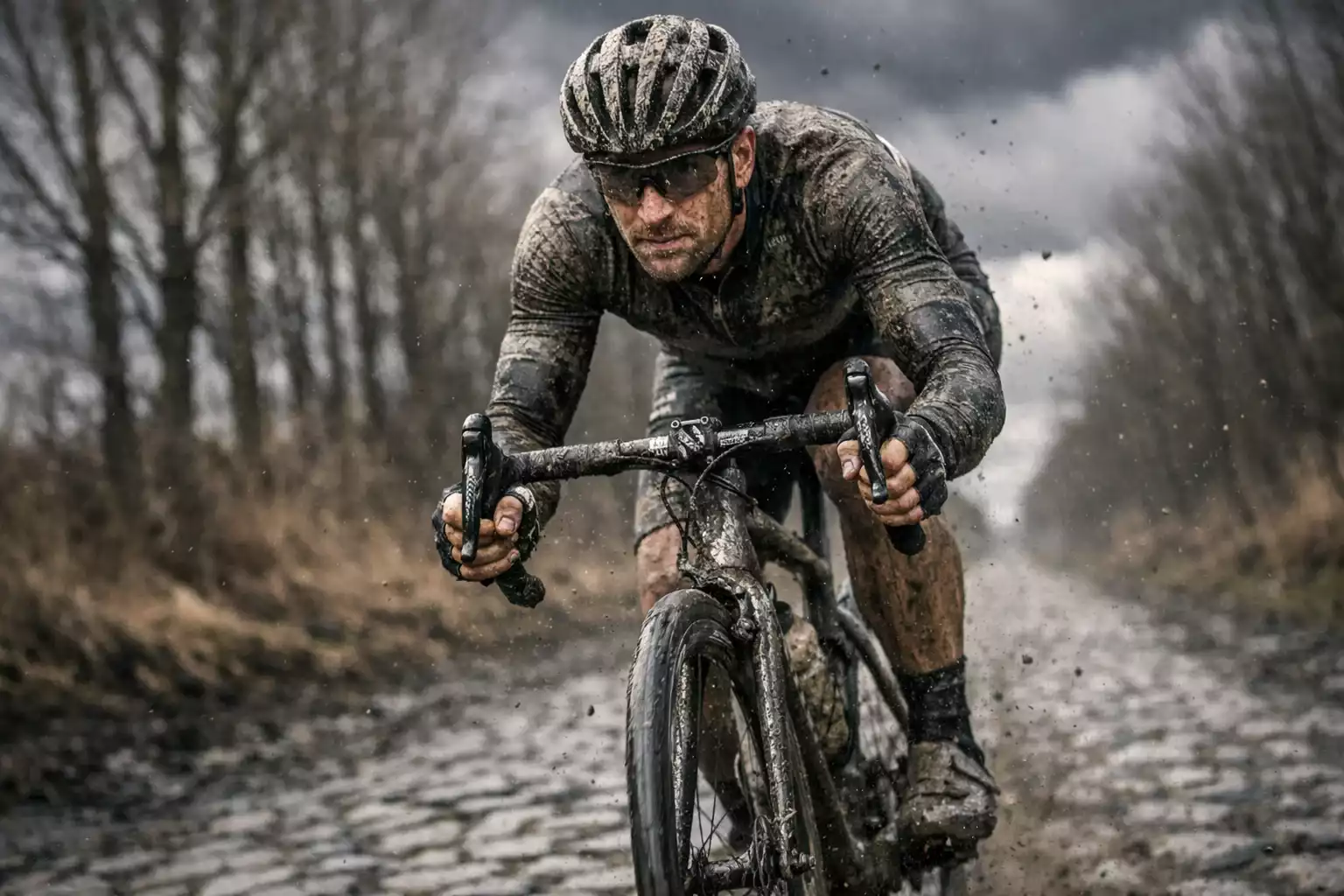 Ciclista professionista che attraversa un tratto di pavé belga