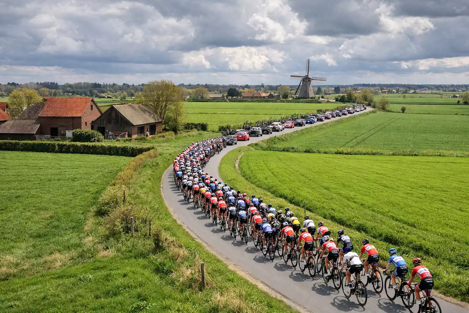 Pelotone durante una classica ciclistica primaverile