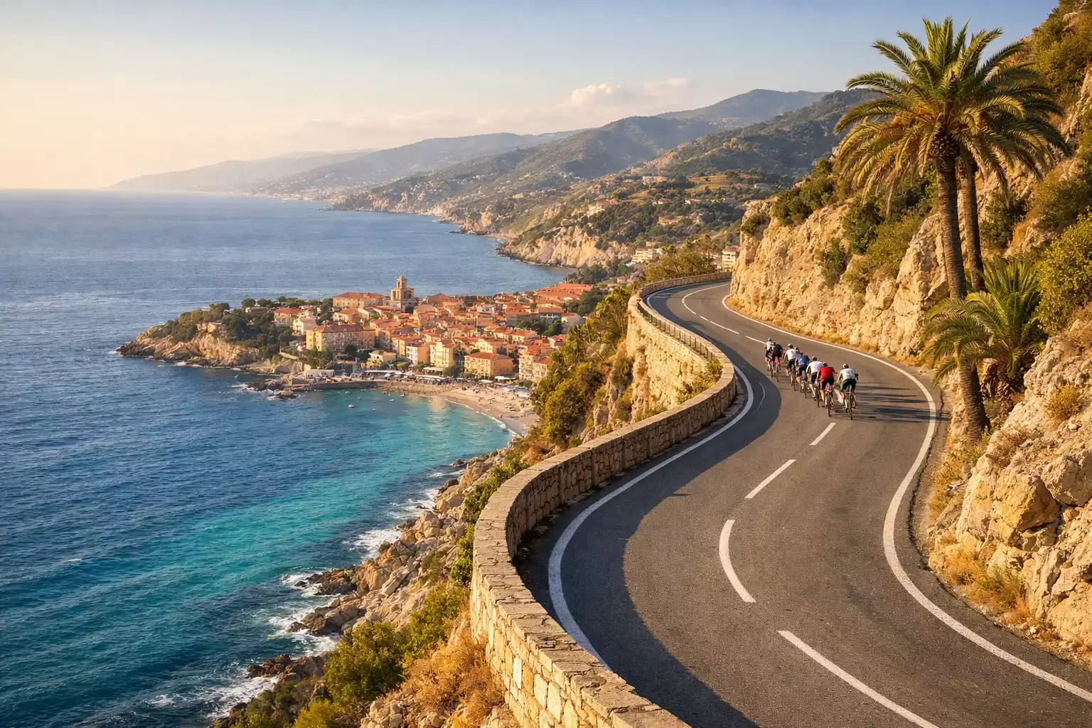 Vista panoramica della costa ligure con strada costiera per ciclisti