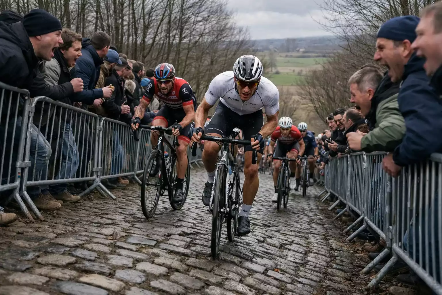 Ciclisti che affrontano un muro ripido nelle Fiandre