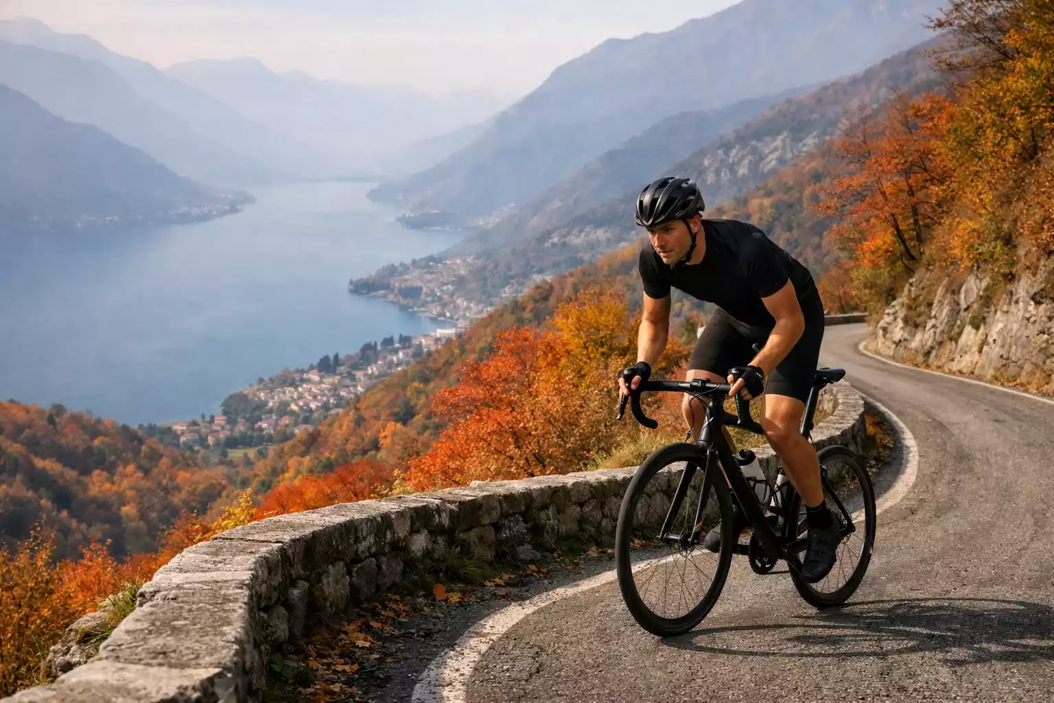 Ciclista su una salita nelle prealpi lombarde con vista sul lago