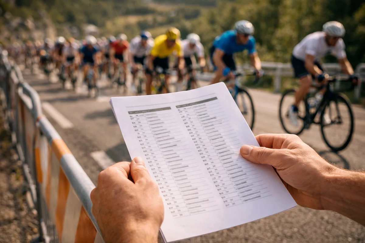 Tabellone quote di una corsa ciclistica con nomi di corridori e numeri