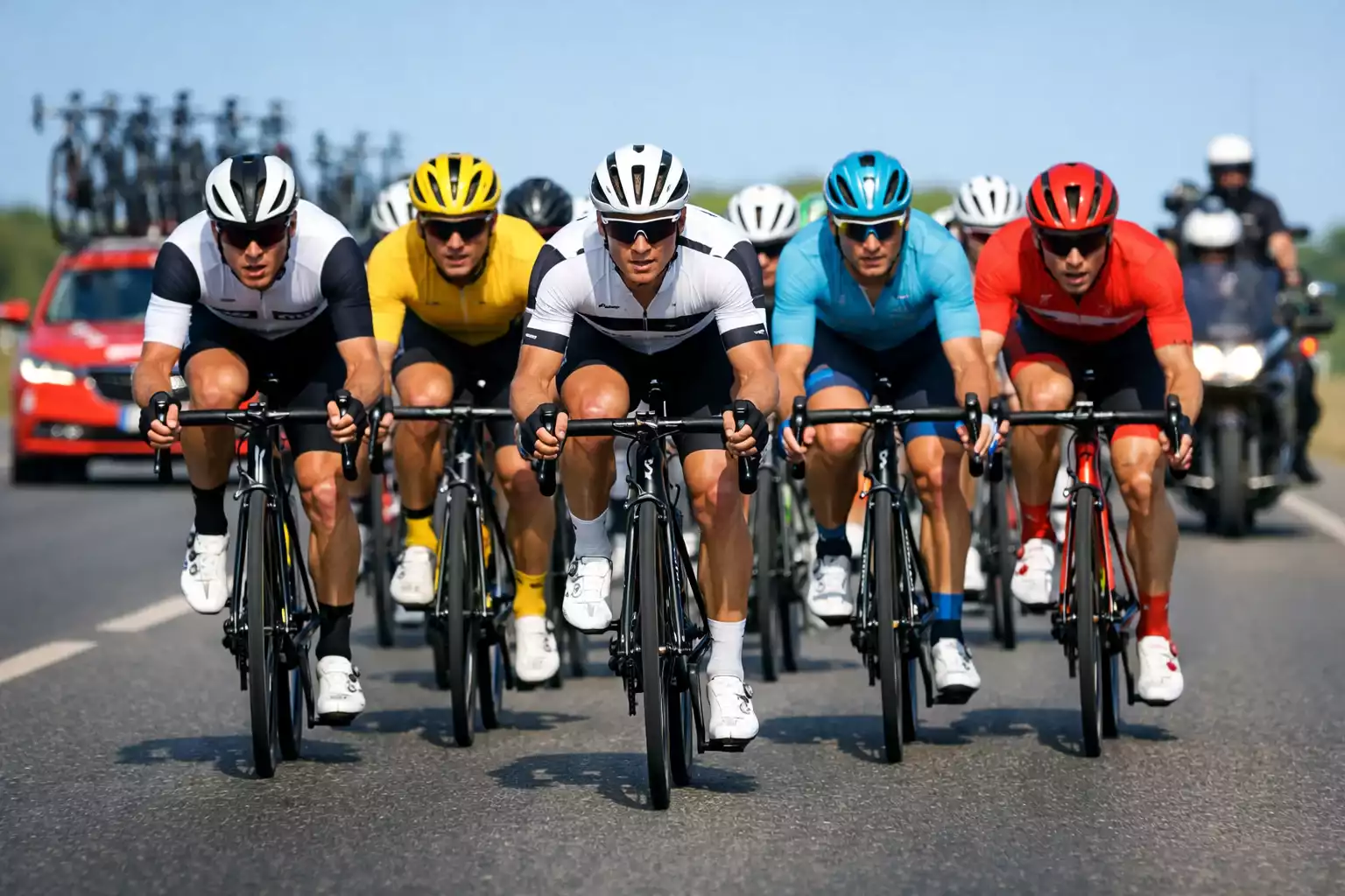 Gruppo di ciclisti professionisti in competizione su strada asfaltata