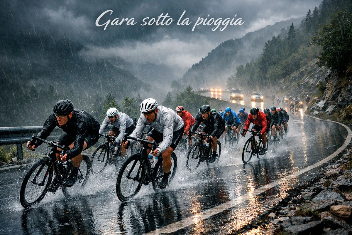 Gruppo di ciclisti sotto la pioggia battente durante una corsa professionistica