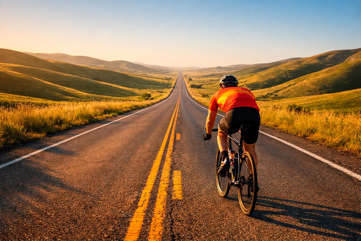 Corridore ciclista in solitaria su strada di montagna con panorama aperto