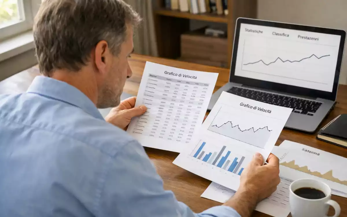 Analista sportivo che studia documenti e grafici sulla forma dei ciclisti