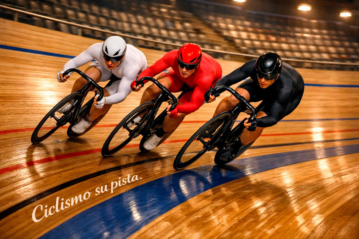 Ciclisti su pista in un velodromo durante una gara di velocità