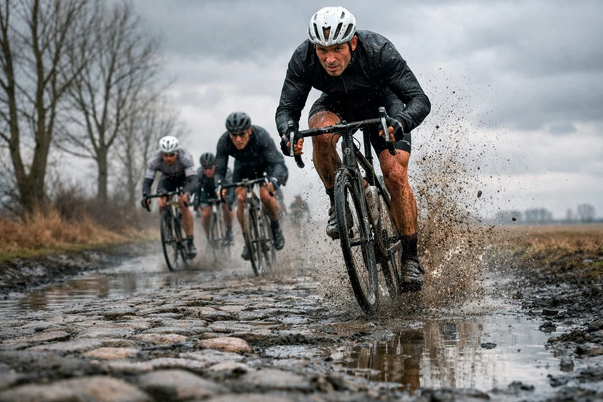 Ciclisti professionisti sul pavé bagnato durante la Parigi-Roubaix