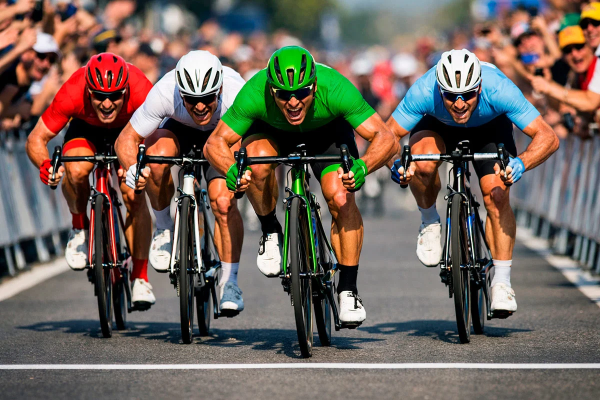 Velocisti ciclisti in volata serrata verso il traguardo di una tappa in pianura
