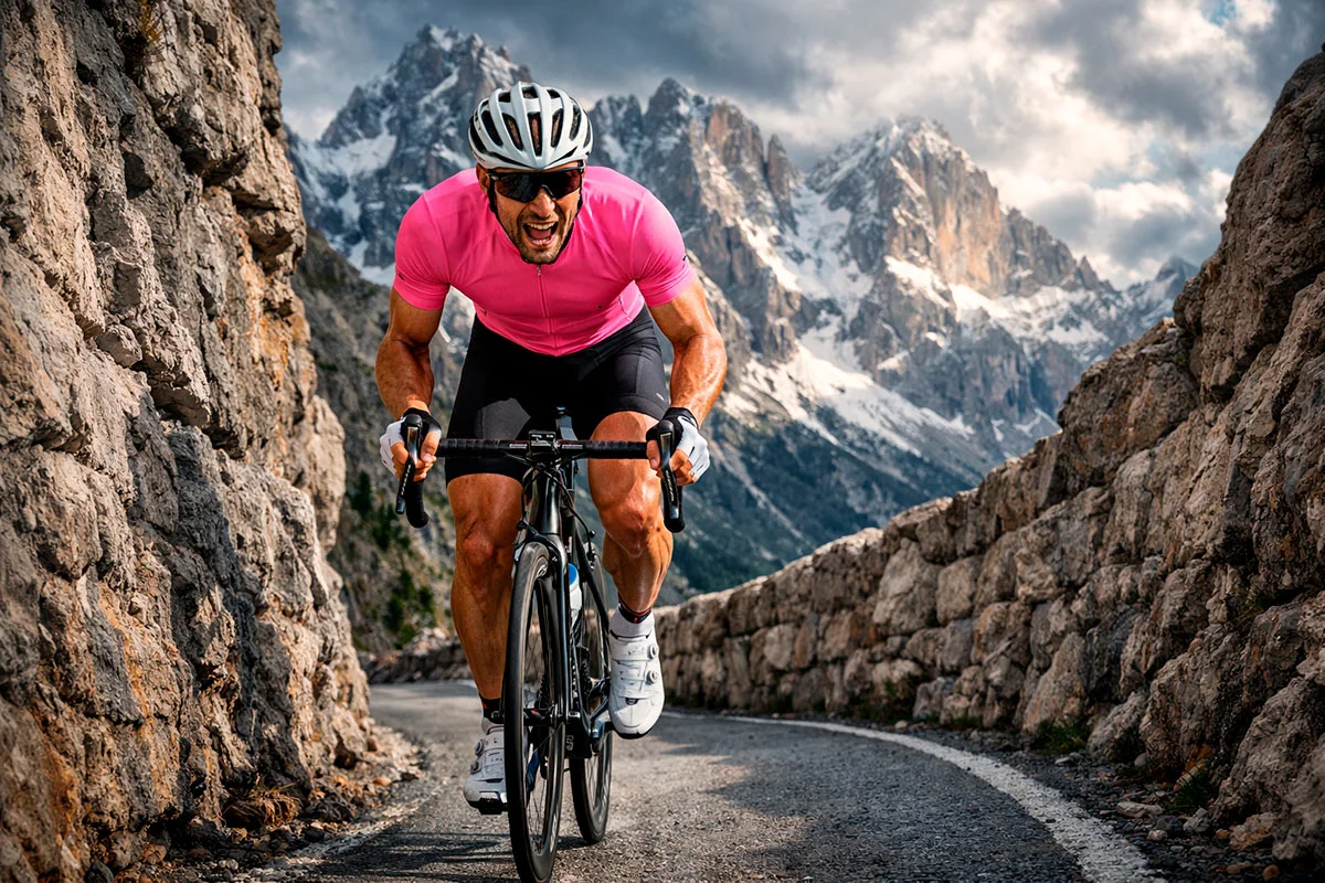Ciclista con maglia rosa in salita sulle montagne italiane durante il Giro d'Italia