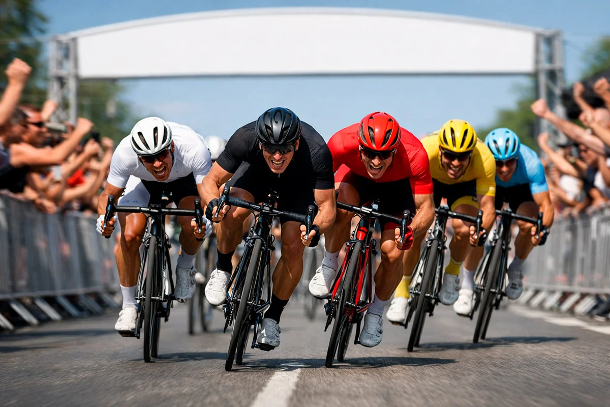 Gruppo di ciclisti in volata negli ultimi chilometri di una tappa professionistica