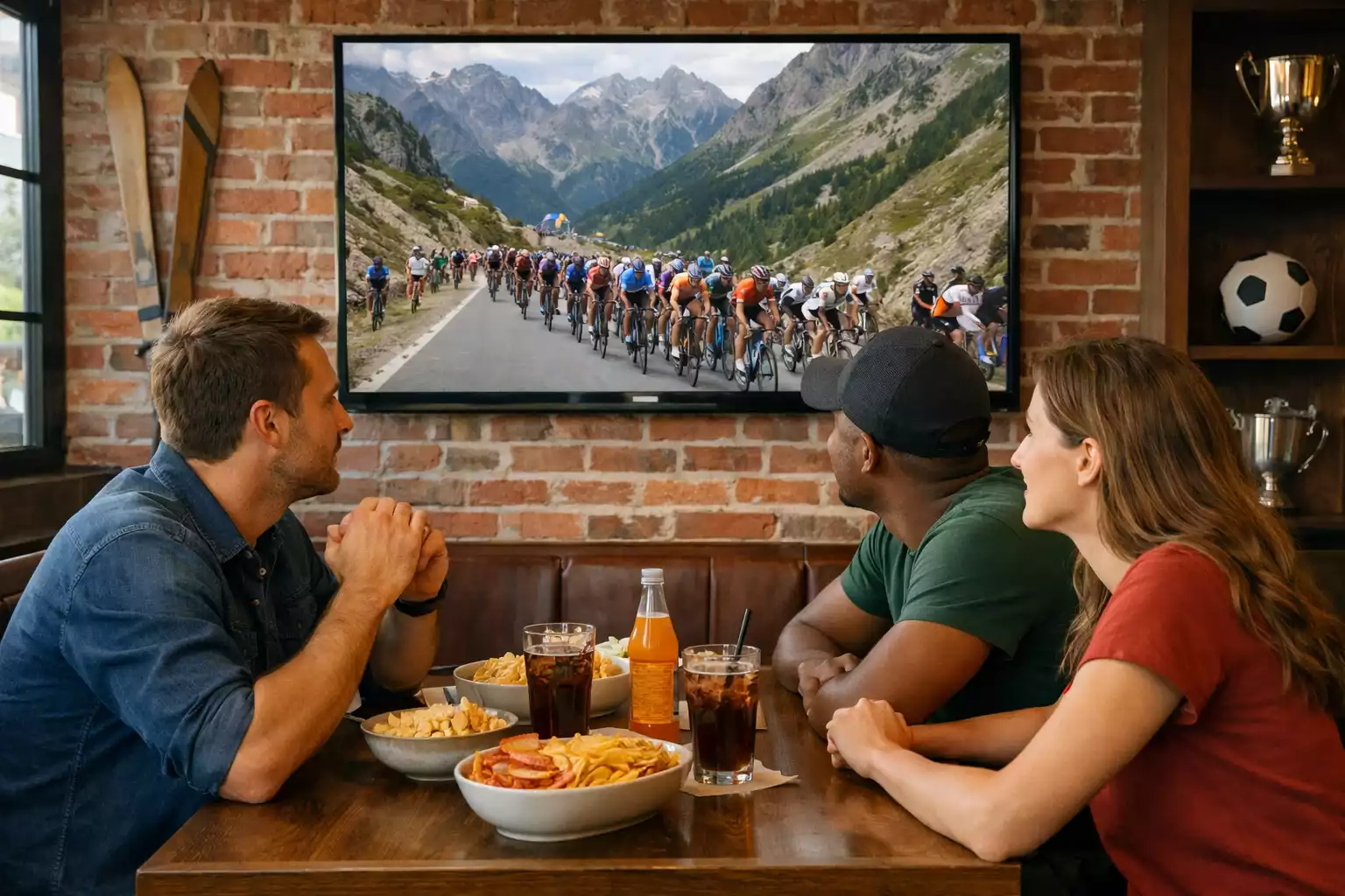 Tifosi che seguono una gara ciclistica in diretta su uno schermo in un locale