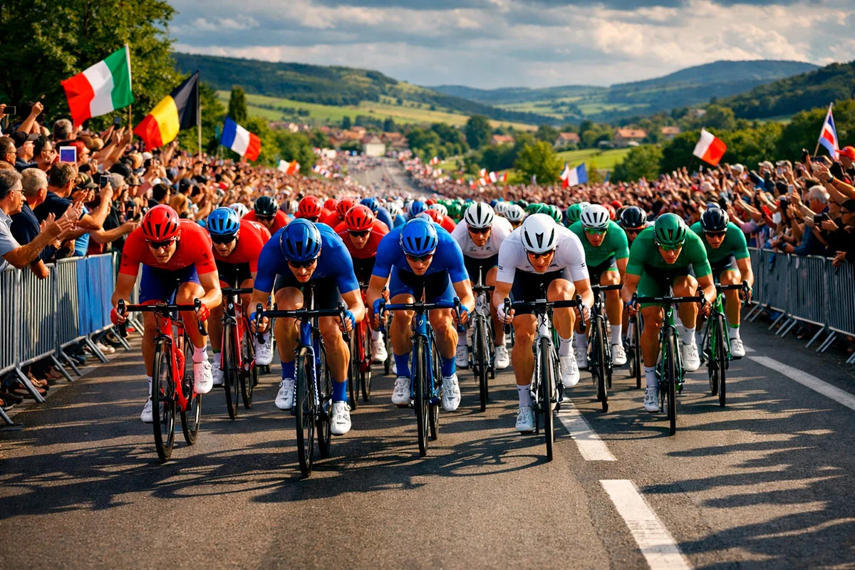 Ciclisti in maglia nazionale durante una gara dei Mondiali di ciclismo su strada