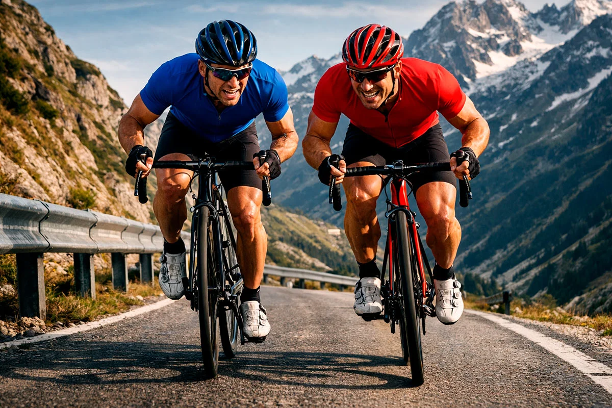 Due ciclisti professionisti fianco a fianco in un duello su strada di montagna