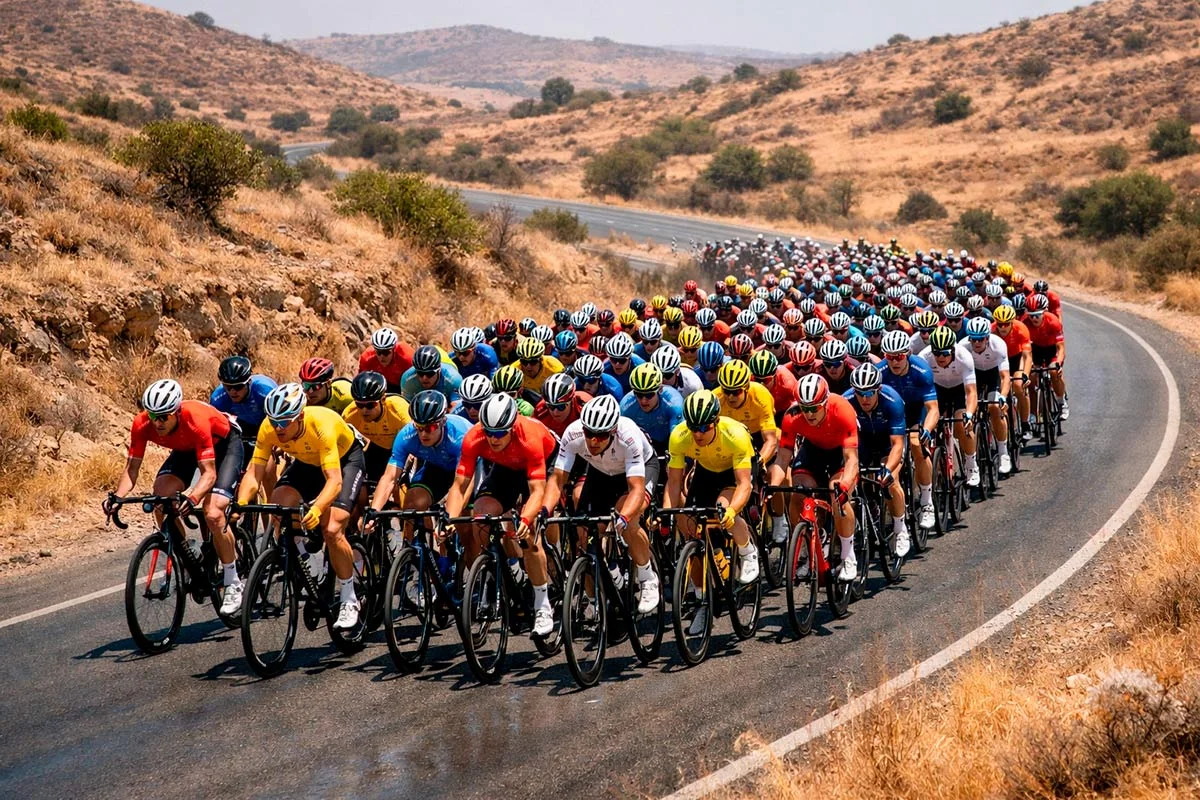 Ciclisti professionisti in gruppo su una strada arida della Spagna durante la Vuelta