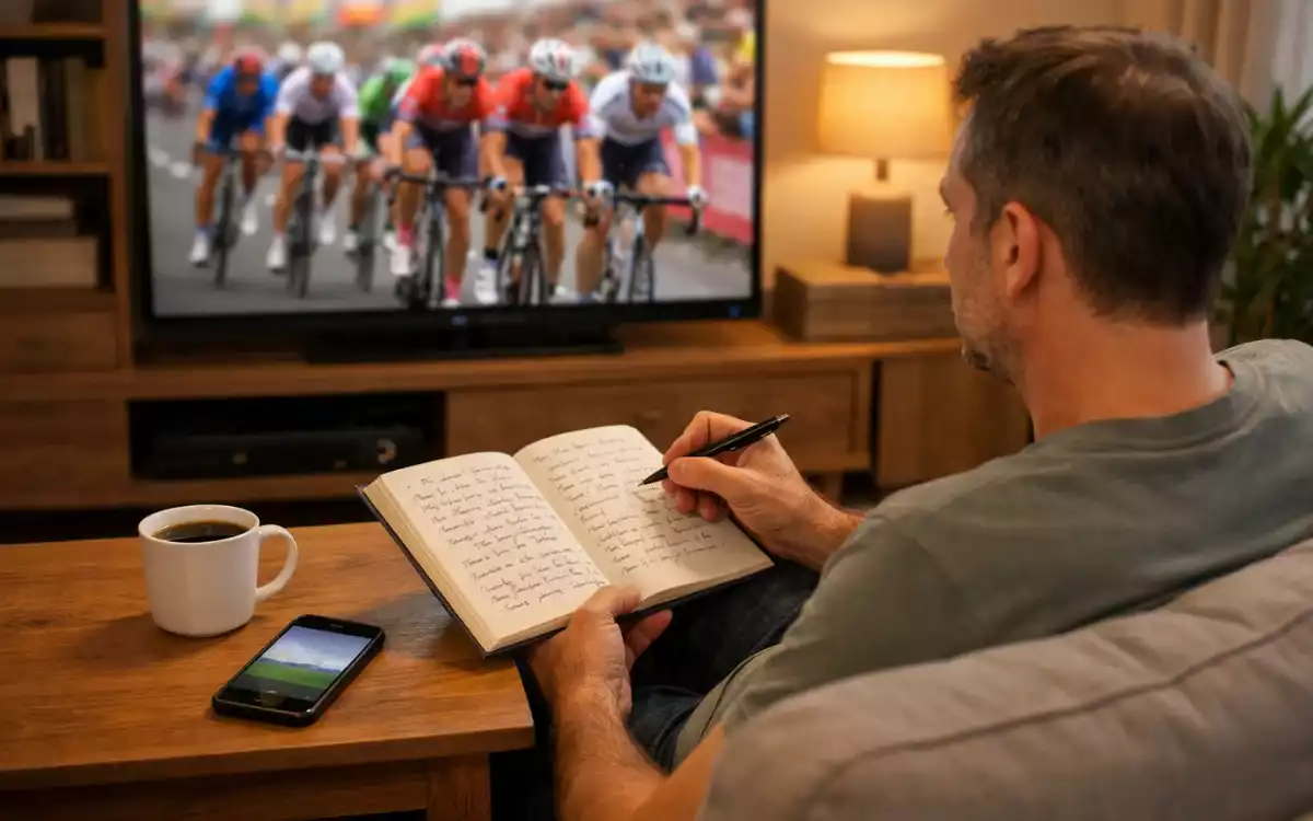 Appassionato di ciclismo che prende appunti mentre guarda una corsa in diretta