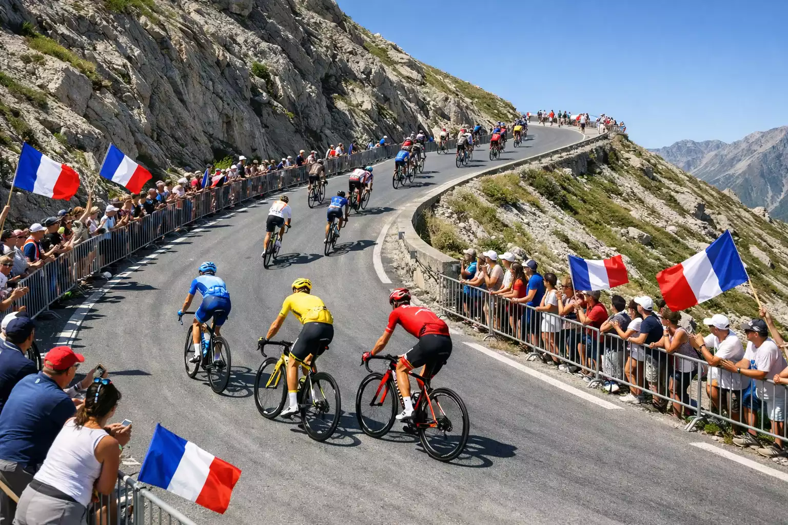 Gruppo di ciclisti professionisti scala l'Alpe d'Huez con pubblico lungo la strada durante il Tour de France