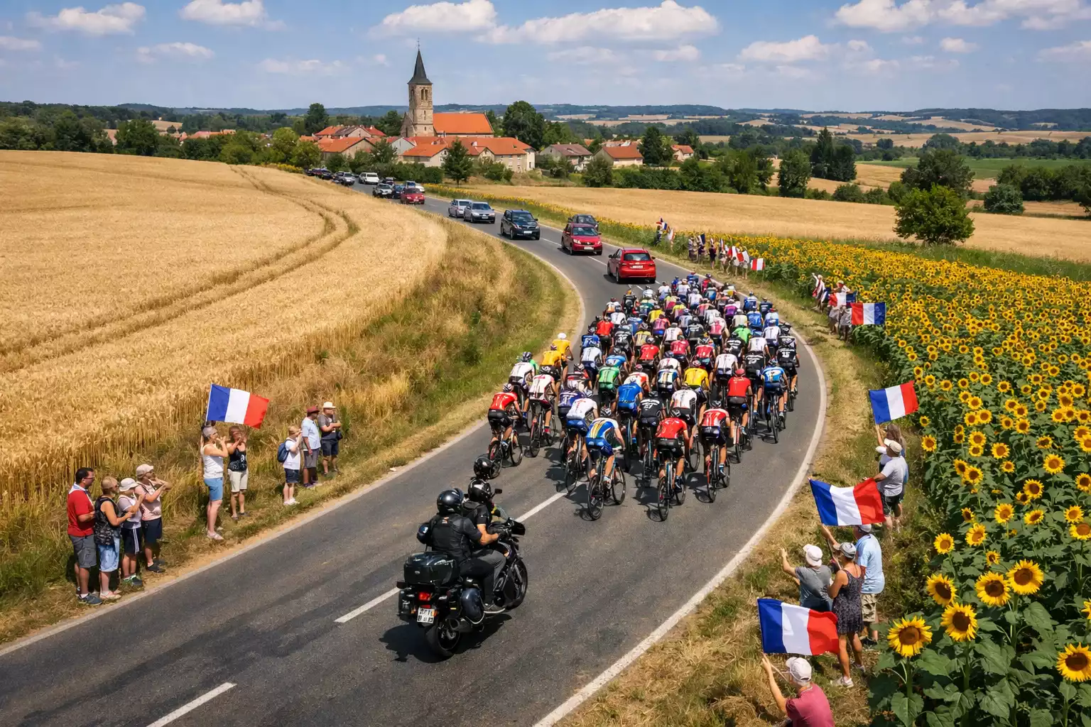 Peloton del Tour de France in azione sulle strade francesi con tifosi a bordo strada