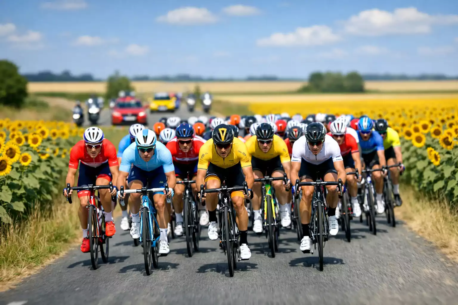 Ciclisti professionisti in gruppo compatto durante una tappa pianeggiante del Tour de France