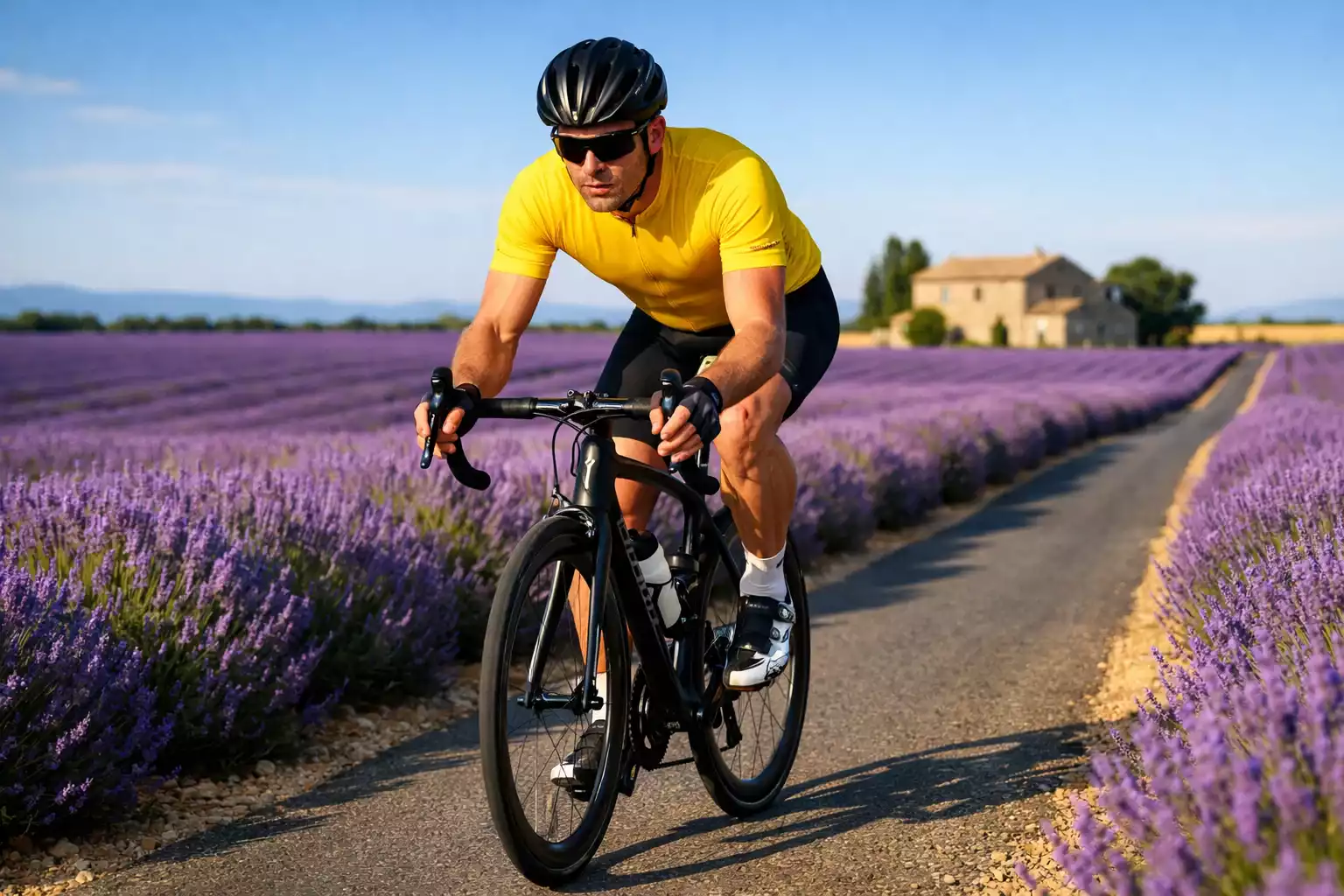 Ciclista in maglia gialla percorre una strada tra i campi di lavanda in Provenza durante il Tour de France