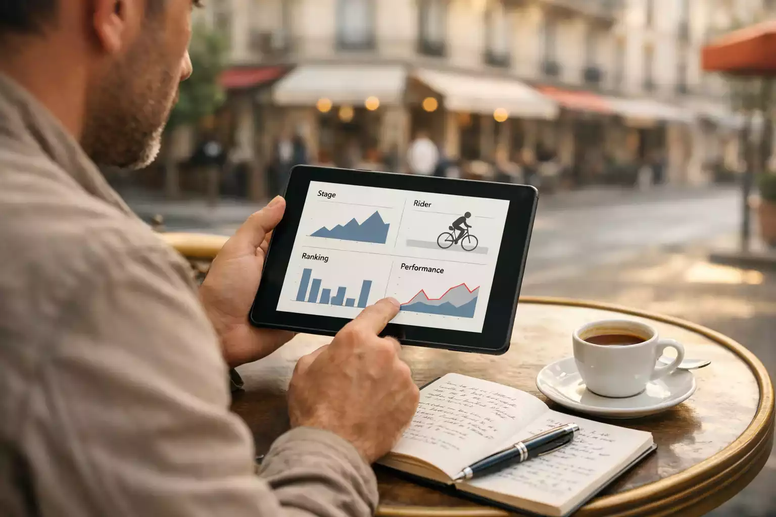 Persona consulta le quote del Tour de France su tablet con appunti e penna sul tavolo