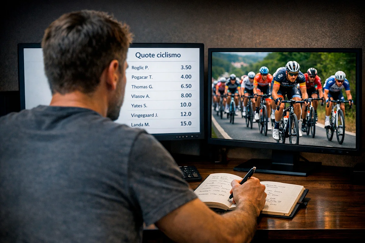 Persona che analizza quote di scommesse ciclistiche su un monitor